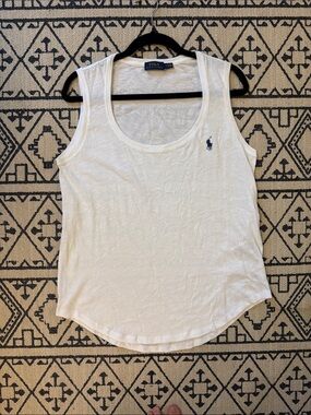 Polo by Ralph Lauren White Scoop Neck Tank with Navy Pony shaped hem